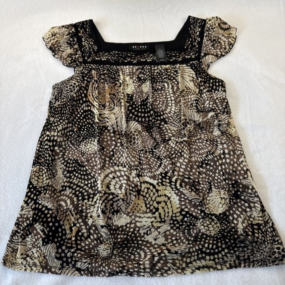 Axcess Blouse Women Medium Black Tan Boho Flutter Sleeve Mesh Square Neck Top